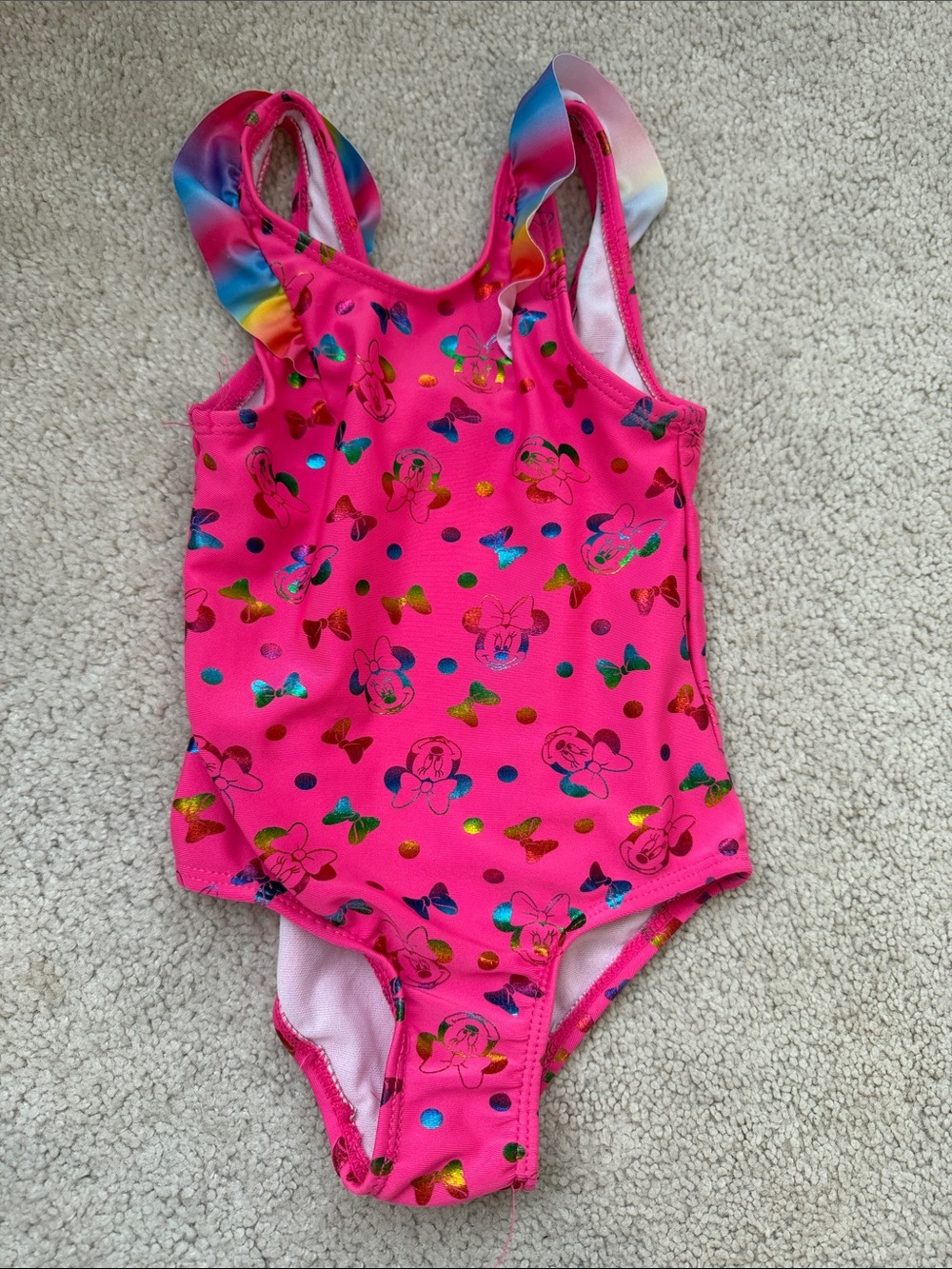 Girls' Bright Pink One-Piece Swim Suit with Rainbow Ruffled Straps